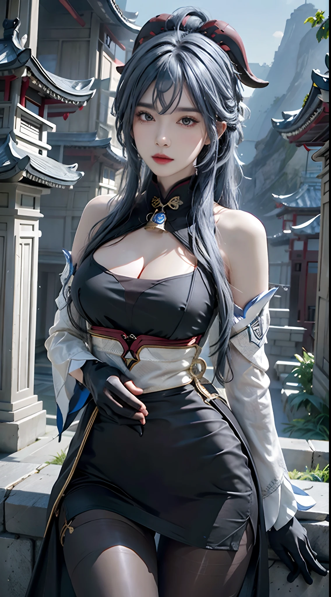 photorealistic, high resolution, 1women, solo, hips up, look at viewer, (detailed face), ahoge, architecture, bangs, bare shoulders, bell, black gloves, black pantyhose, (blue hair), blush, breasts, chinese knot, detached sleeves, east asian architecture, flower knot, gloves, horns, long hair, ganyu \(genshin impact\)