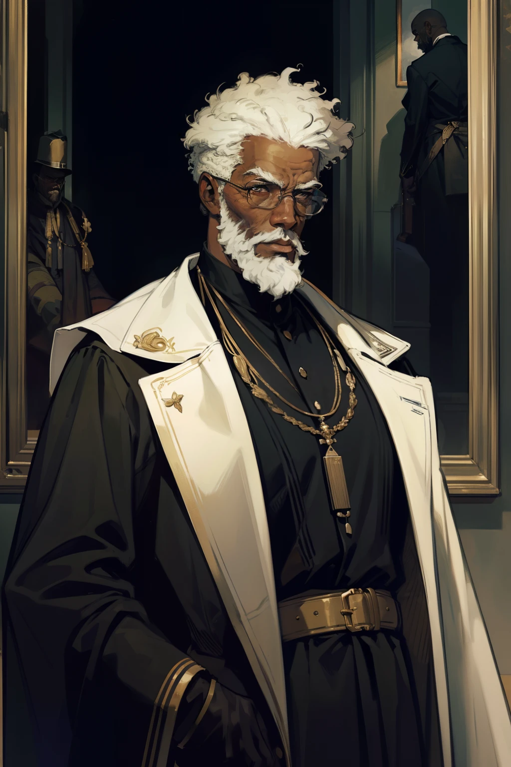 "An elegant, middle-aged black male with a distinguished short afro white hair and a well-groomed stubble beard wearing a sophisticated military robe. Masterpiece-level artwork of the highest quality."