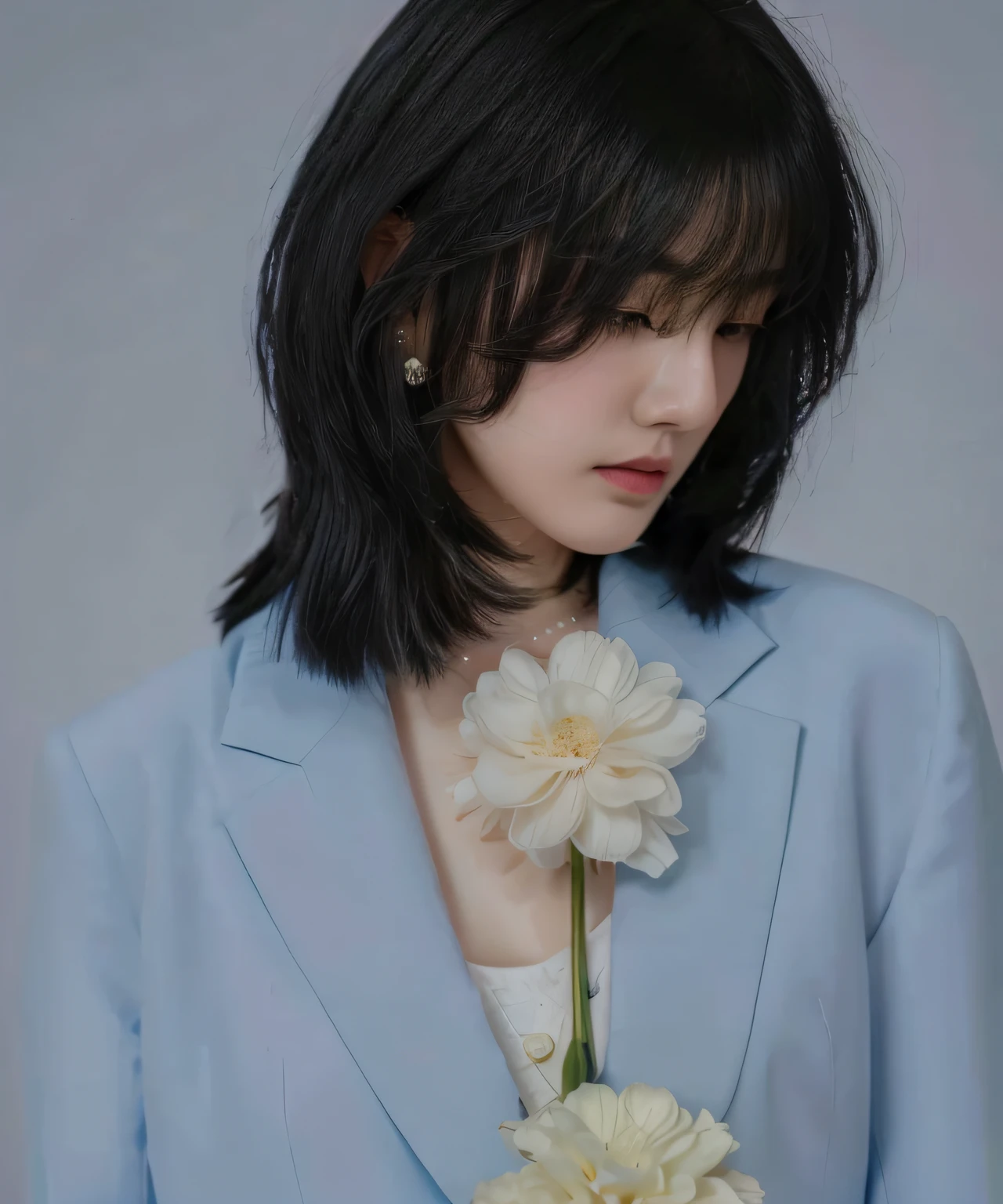 a woman with a flower in her hand and a blue suit, cai xukun, sha xi ...