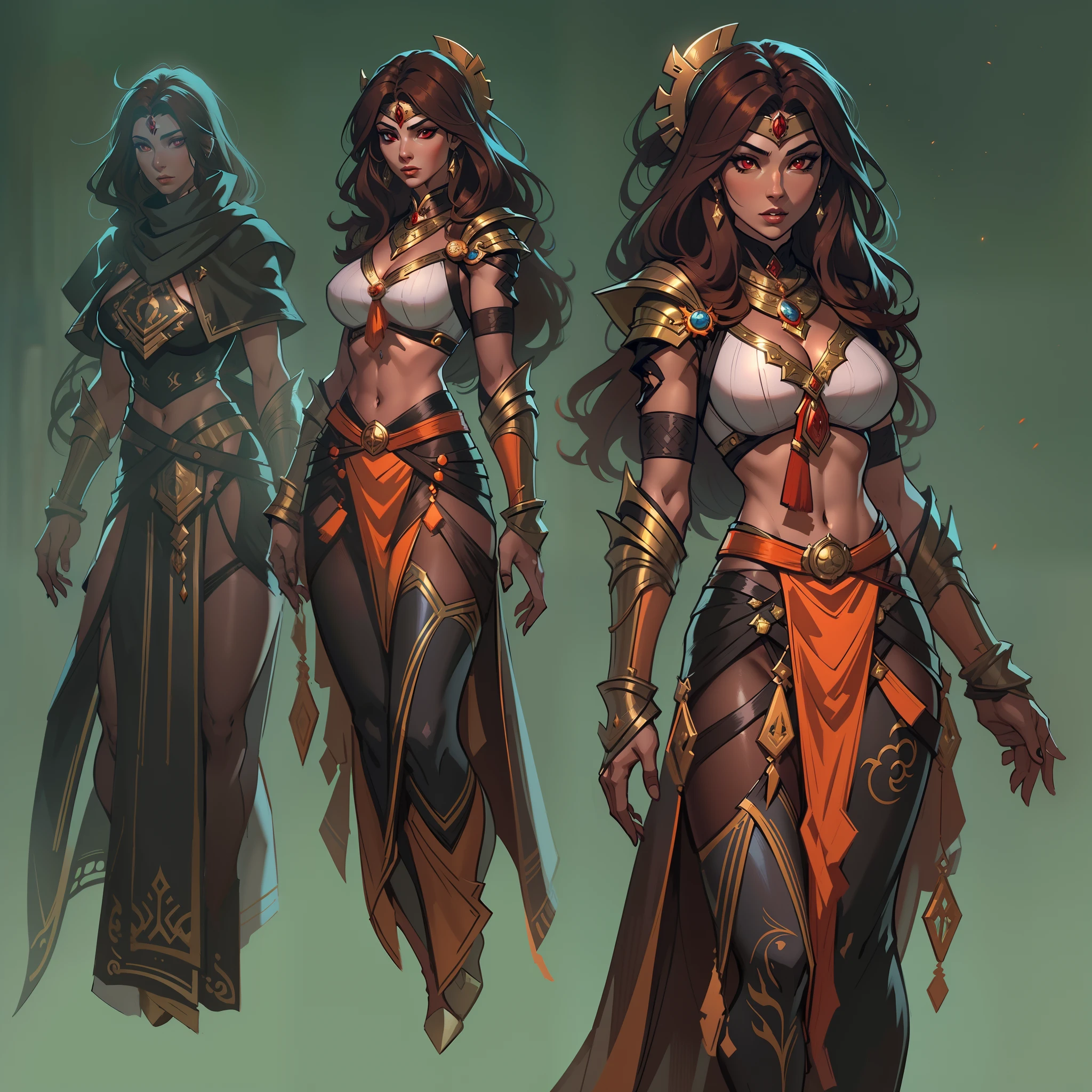 a close up of a strong amazon woman in her 30's, with red eyes and brown hair, wearing a black and red belly dancer attire, a heroine with red eyes, female mage with sun power, middle-eastern princess, standing in a middle-eastern temple, new costume concept design, in the style of blade and soul, full body character concept, detailed character design, lunar themed attire, costume with orange accents, colored concept art, highly detailed character design, highly detailed face, very highly detailed face, unreal engine render, final fantasy 14 style