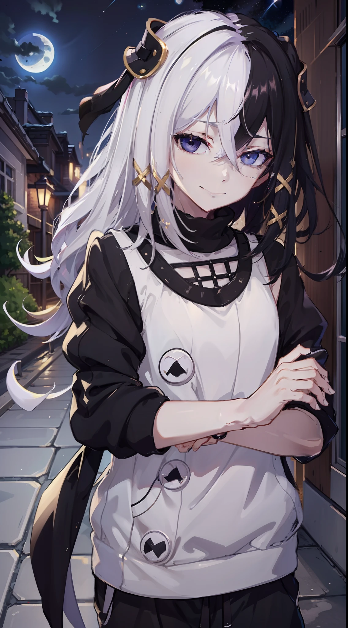 night time, neighbourhood, outside, dark sky, stars, moon, white sweater, black sweatpants, going to convenience store, naughty smile, domineering smile, arrogant expression, cocky attitude, masterpiece, best quality,