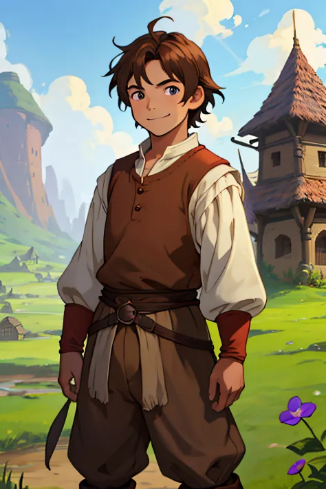 Conan Exiles style, one children (male) (9 years old), top rated Pixiv, slim body, long sleeved shirt, brown pants, short wavy brown hair, short hair, violet eyes (Princess eyes), D&D character, Peasant boy, villager , Friendly Smile, Medieval Style Clothi...