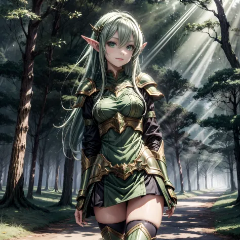 Anime style, Elven Girl, (Green eyes), walking around in a forest, Dark Forest, (armor on the shoulders), 8K, (masutepiece), Hig...
