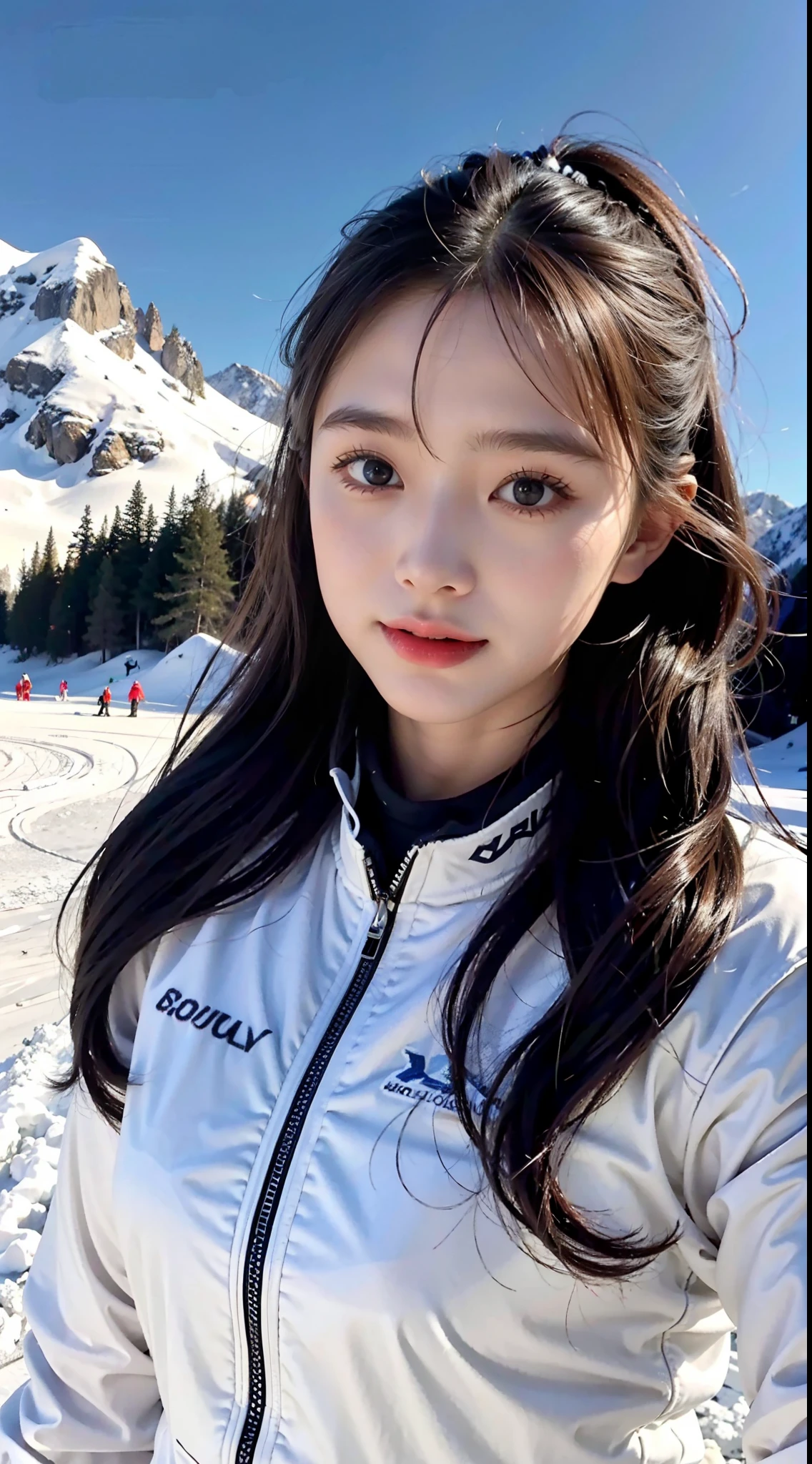 A girl in a ski suit，Ski slopes，Well equipped，Good for skiing，Beautiful girl，adolable，ski，snow landscape
