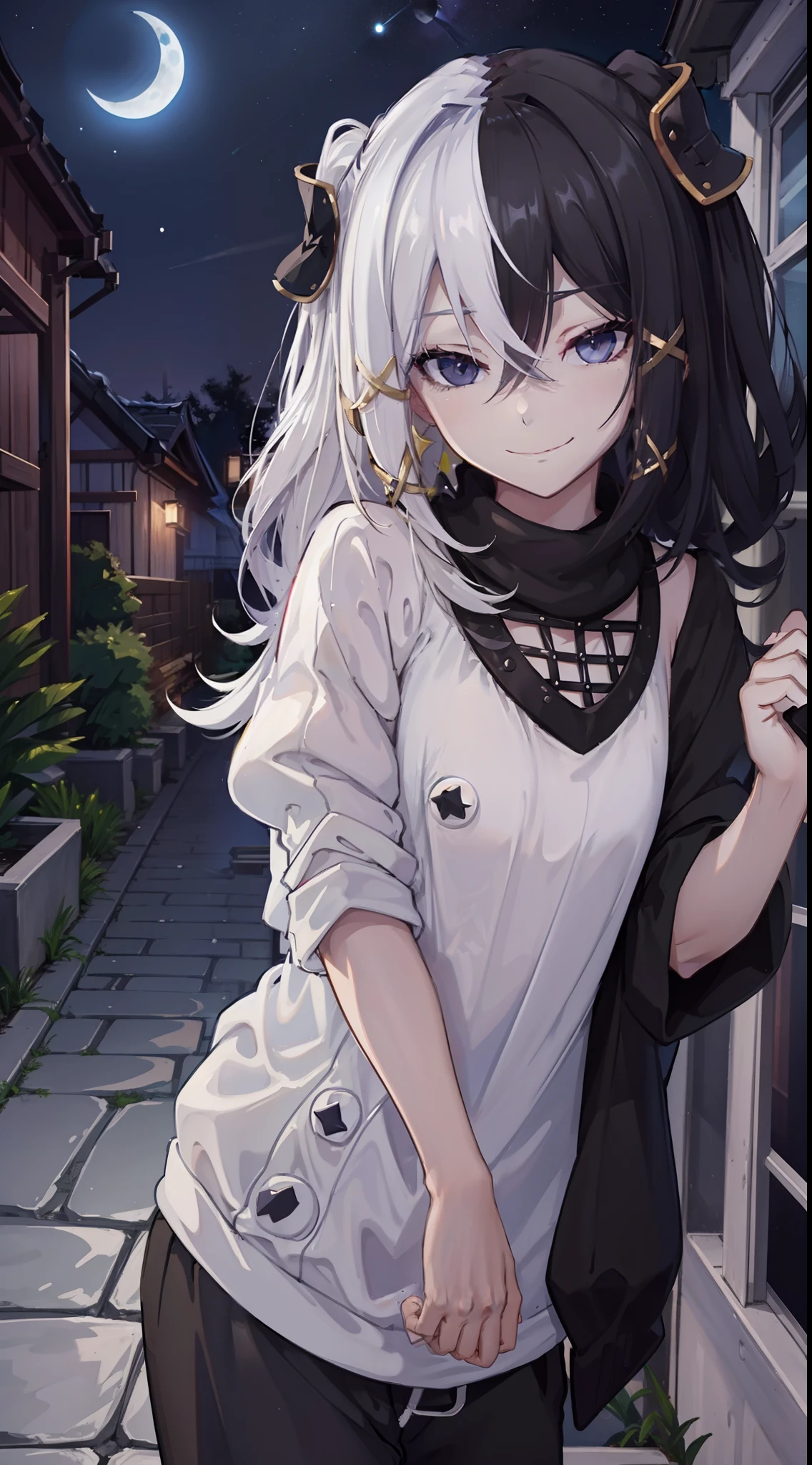 Anime girl with white hair and black clothes standing in front of a ...