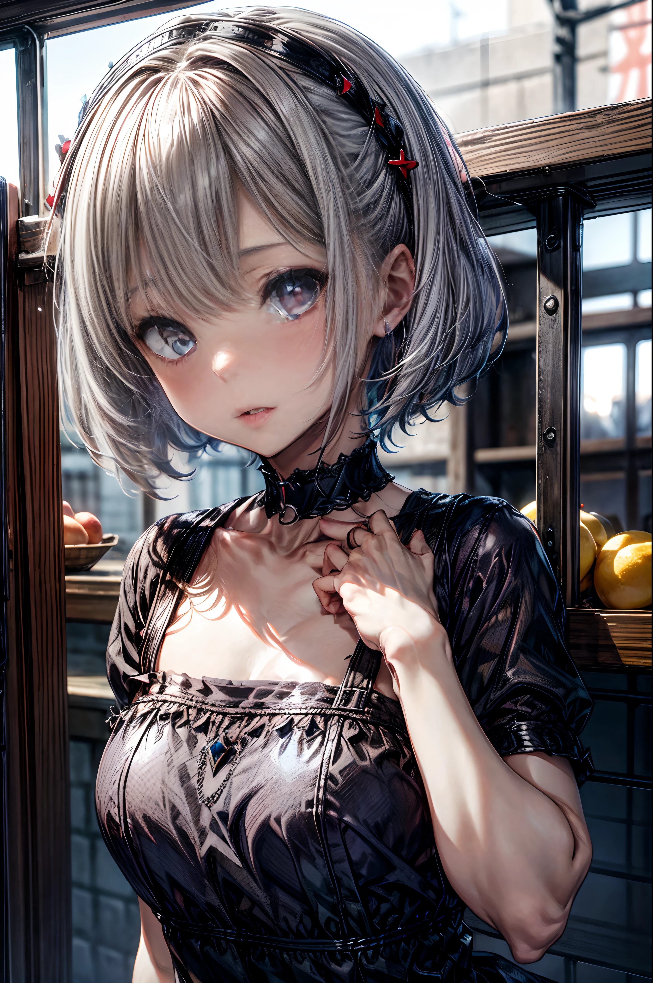 mash kyrielight, White hair, short hair, red eyes, girl, woman, female, little, , 10 years old, medium hair, curly hair, bangs, eyes visible through hair, side braid, white hair, multicolored hair, red  inner color, beautiful detailed Glass hair, delicate beautiful face, red pupils, fangs, small_breasts, pale blue eyes, white skin, choker, gloves, nice hands, perfect hands, camisole, (holding fruit), lemon, grapefruit, parted lips, blush, skirt, earring, holding food, bang, in fruit market, more_details:-1, more_details:0, more_details:0.5, more_details:1, more_details:1.5