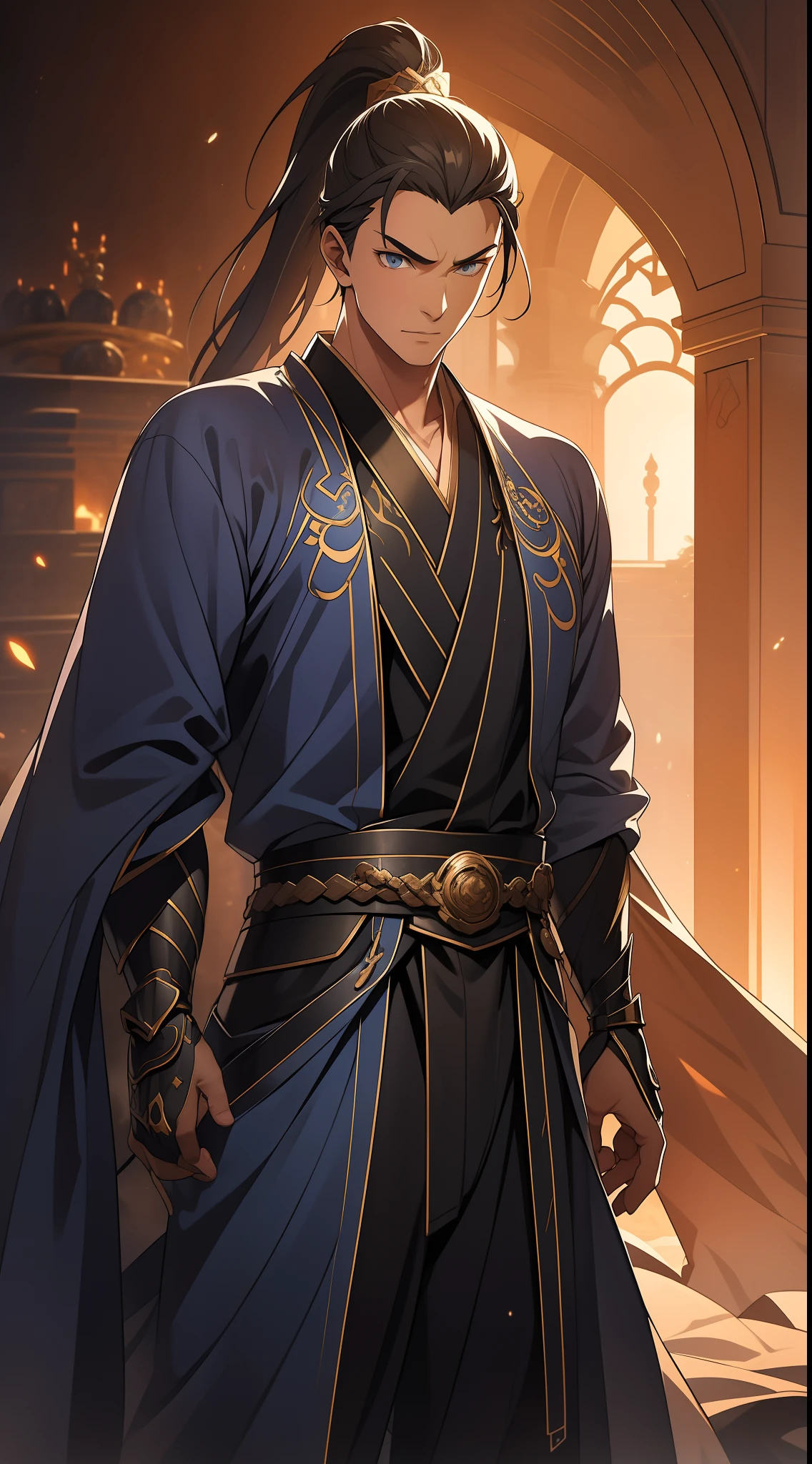 quadratic element，style of anime，mtu（Male Warrior），The proportions are correct，Face details，swordsmen，High ponytail hairstyle，Neck details，There is an Adam's apple，Blue suit，kaftan，long blue robes，clothes details，Handing over，longer sleeves，Game quality，Swordsmanship，Light and shadow tracking，Ray traching，detailed glow，cg render，hair detail，Blue long hair，blue colored eyes，Handsome，Handsome，（juvenile sense），Clothing is complicated，Perfectcomposition，Refinement，high qulity，higher details，Lots of details，The background is complex，a sense of atmosphere，