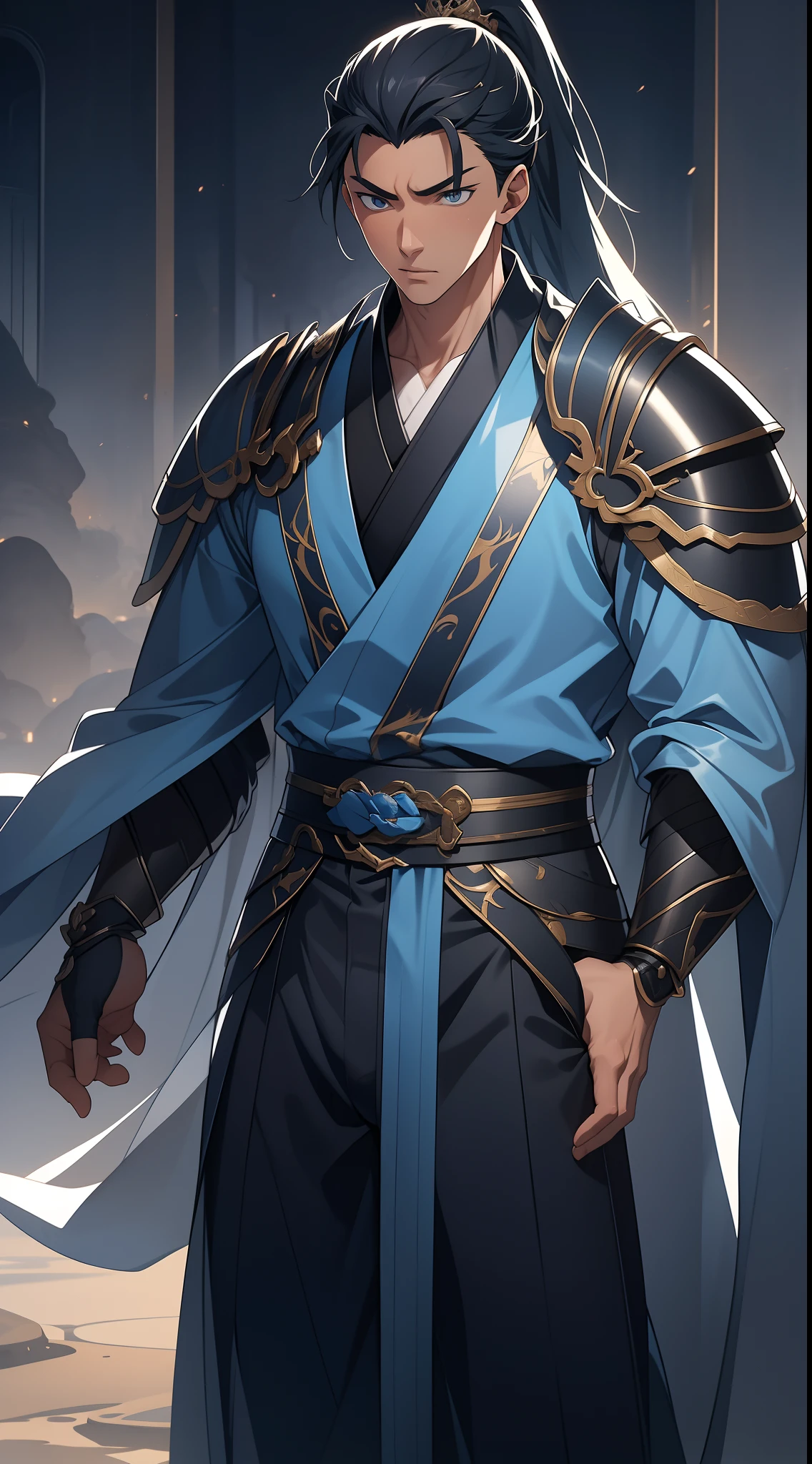 quadratic element，style of anime，mtu（Male Warrior），The proportions are correct，Face details，swordsmen，High ponytail hairstyle，Neck details，There is an Adam's apple，Blue suit，kaftan，long blue robes，clothes details，Handing over，longer sleeves，Game quality，Swordsmanship，Light and shadow tracking，Ray traching，detailed glow，cg render，hair detail，Blue long hair，blue colored eyes，Handsome，Handsome，（juvenile sense），Clothing is complicated，Perfectcomposition，Refinement，high qulity，higher details，Lots of details，The background is complex，a sense of atmosphere，