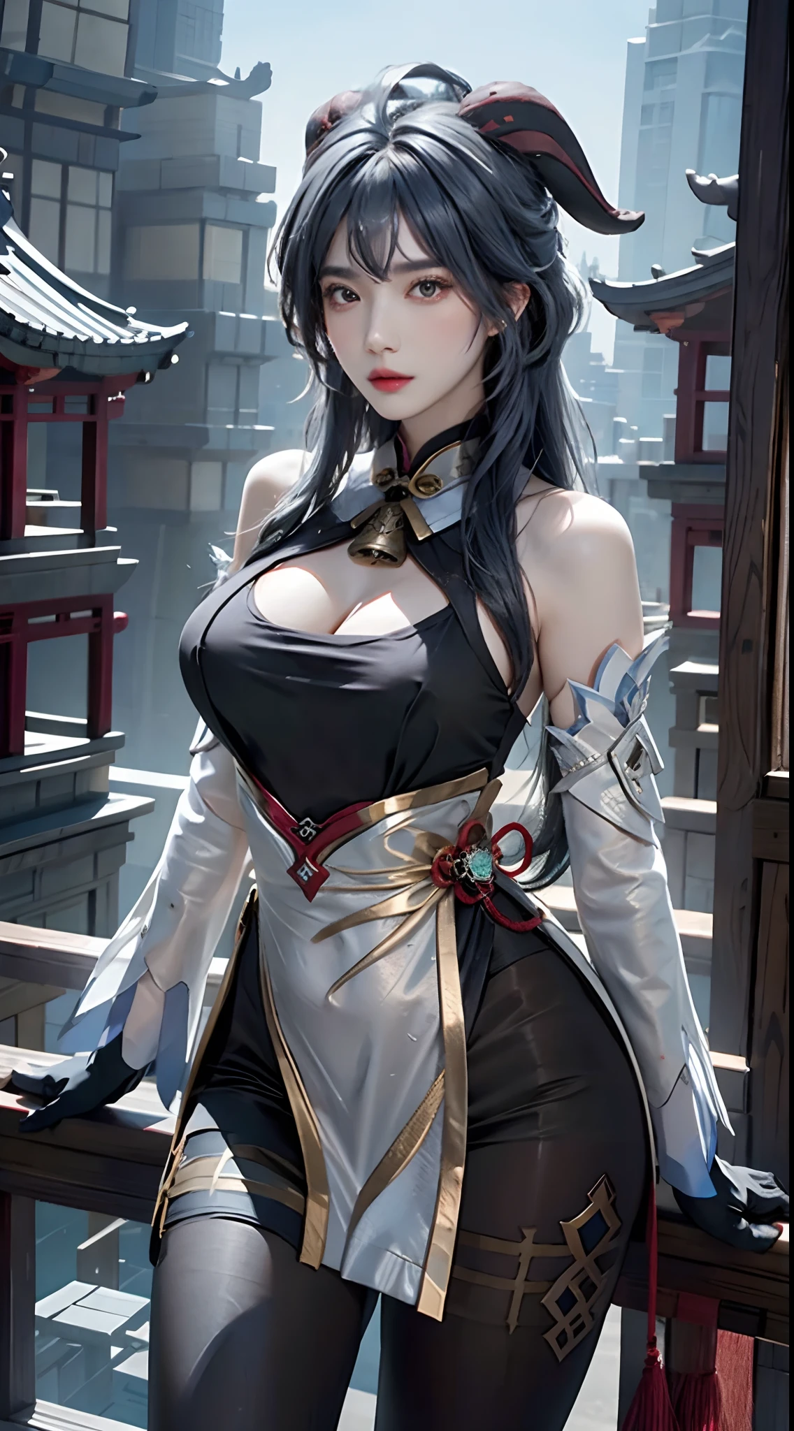 photorealistic, high resolution, 1women, solo, hips up, look at viewer, (detailed face), ahoge, architecture, bangs, bare shoulders, bell, black gloves, black pantyhose, (blue hair), blush, breasts, chinese knot, detached sleeves, east asian architecture, flower knot, gloves, horns, long hair, ganyu \(genshin impact\), bow
