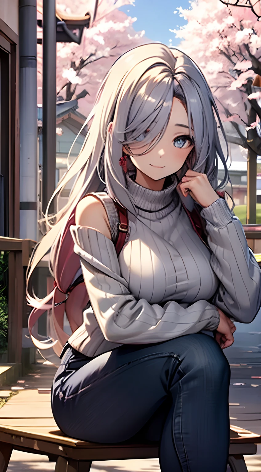 (masterpiece), ((best quality:1.3)), (expressive eyes:1.3), perfect face, white Open Chest Sweater, jeans, smile, long hair, looking at viewer, large breasts, (blushing:0.2), sitting, ((background of sakura trees)) , outside, Strong wind