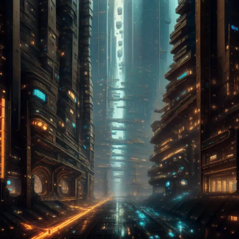 cyberpunk city, raining, night, illustration, masterpiece, high quality, best quality, (high detailed:1.2), (extremely detailed:1.3)