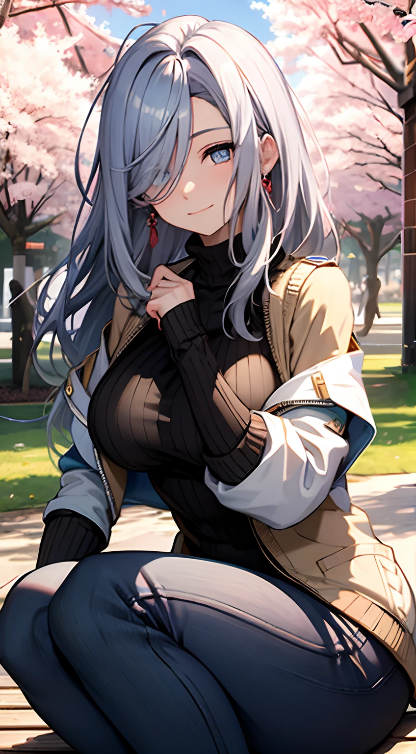 (masterpiece), ((best quality:1.3)), (expressive eyes:1.3), perfect face, white Open Chest Sweater, jeans, smile, long hair, looking at viewer, large breasts, (blushing:0.2), sitting, ((background of sakura trees)) , outside, Strong wind