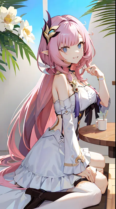 quadratic element，Honkai 3，Alicia，(((A pink-haired)))，blue color eyes，long whitr hair，A busty woman，best qualityer，The pointed ears are slightly shorter，By bangs，dated，Long eyelashes，（（dishiveredhair）），（（White feather hair ornament）），ssmile，white off shoul...