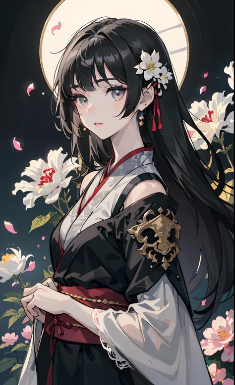(Little girl:1.5),Lace,ribbon,Hanfu,(Masterpiece, side-lighting, Beautiful gray eyes with fine and detailed details: 1.2), Masterpiece, Realistic, Glowing eyes,Shiny hair,Black hair,long whitr hair, Glossy glossy skin, Solo, embarressed,No shoulder strap,E...