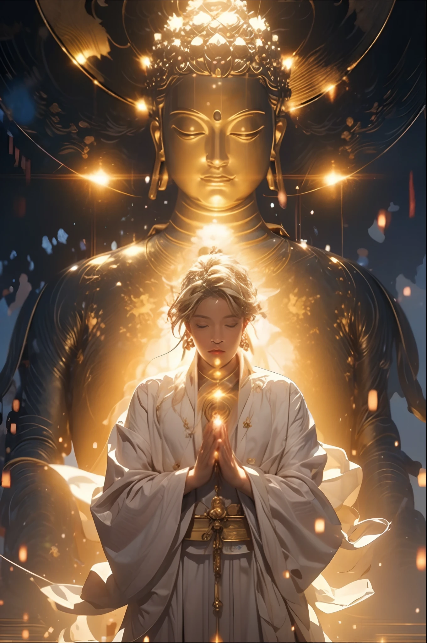 (Obra maestra:1.2),mejor calidad,pixiv,taoísta,(meditación:1.1),
solo,Un personaje de pie frente a Buda rubio brillante,transparente,Realista,texturas de la piel