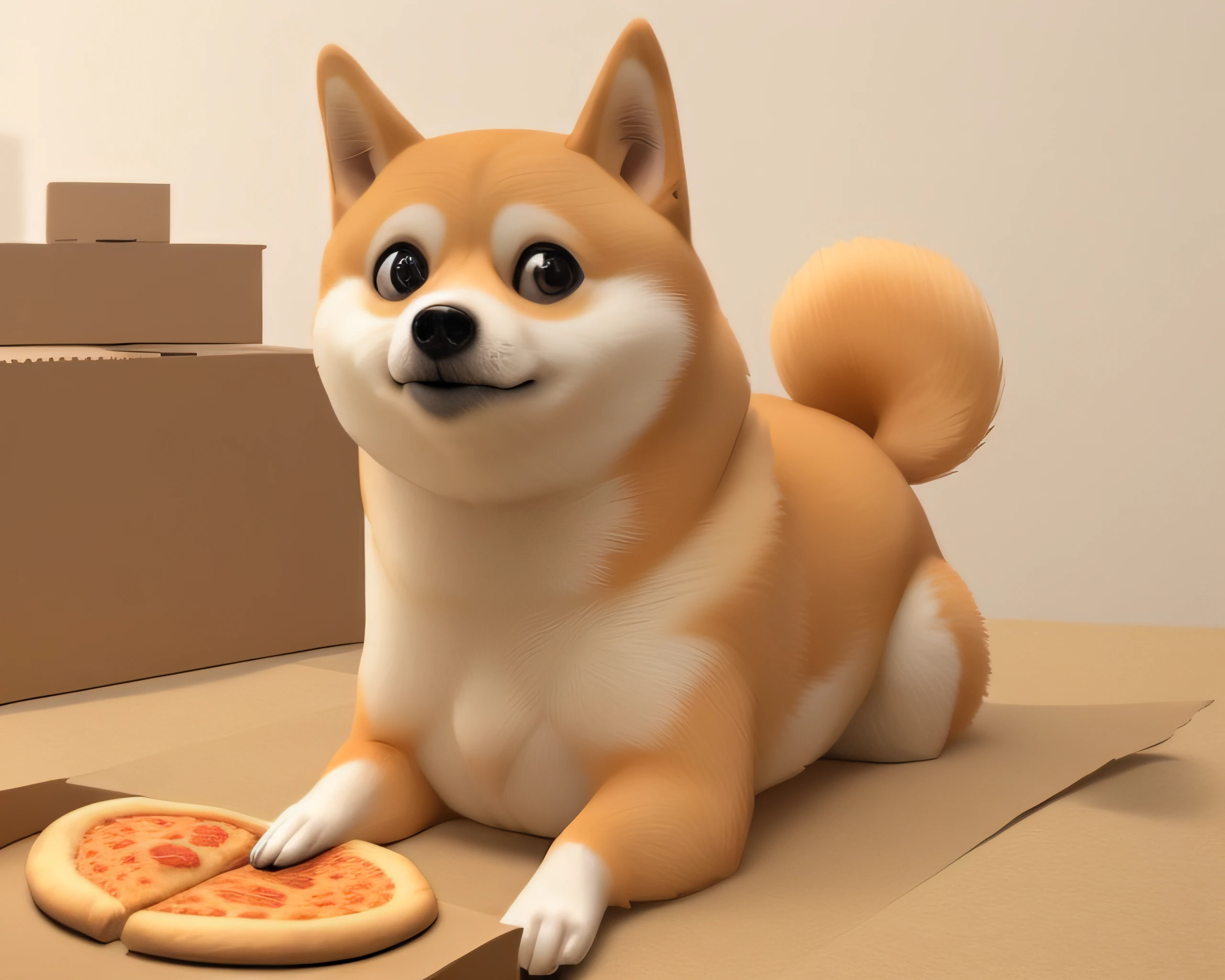 a photo of a cute ((doge)) with a box of pizza, soft render, low detail, ultra graphics, cinematic dramatic light, advanced perspective, colourful, happy, bokeh