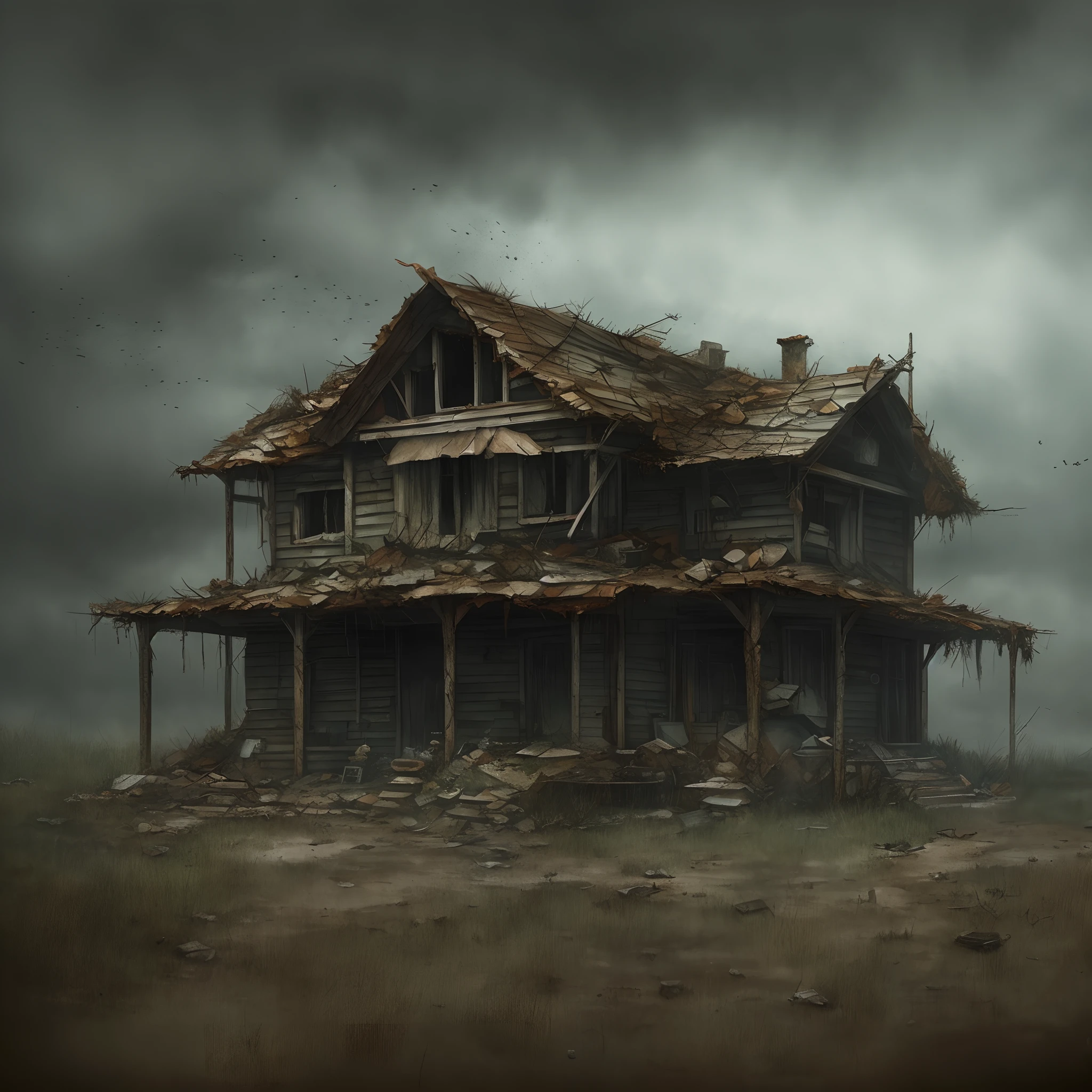 Post apocalyptic house. Dark and gloomy day. Very detailed. 8k. high quality. ultra detailed. photorealistic. Digital paint