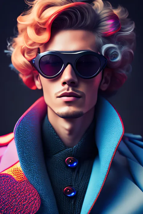 (portrait fashionista man middle ages 1950s with intricate colorful trendy glossy polarized goggle), flufly clorful hair, smily ...