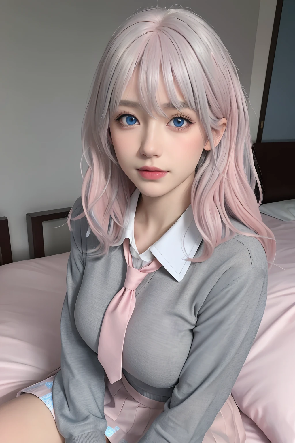 (Masterpiece), (High quality), (8K resolution), (RAW photo), (Best quality), (Masterpiece:1.5), (Realistic:1.5), ((photograph realistic)), vibrant detail, Ultra photo realsisim,1girll, (Cute:1.2), Beautiful, High quality and detailed face, Perfect face, (Gray hair and light pink hair:1.4), rosycheeks, Detailed eyes, (Blue eyes),Colorful eyes,(Watery eyes),NSFW, , Slender body, view the viewer, Closed mouth, Real human skin, Shiny skin, mid-breast, ((school uniform)), Sitting, Bed,