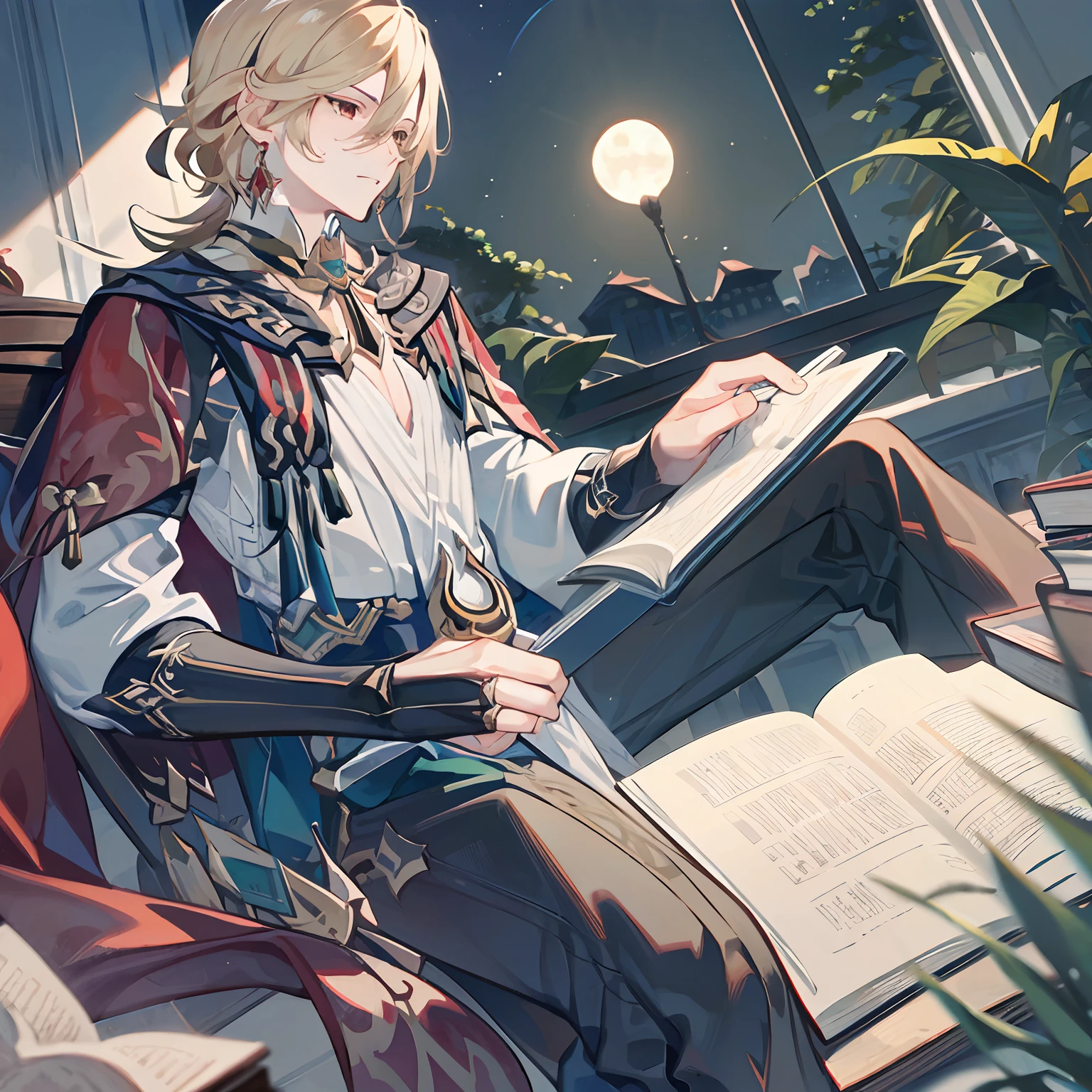 (Masterpiece:1.2, Best quality), 1boys,Cold，In serious study，looking at book，Very serious，The gaze is on the book，Moonlight shone through the window，the night，Learn