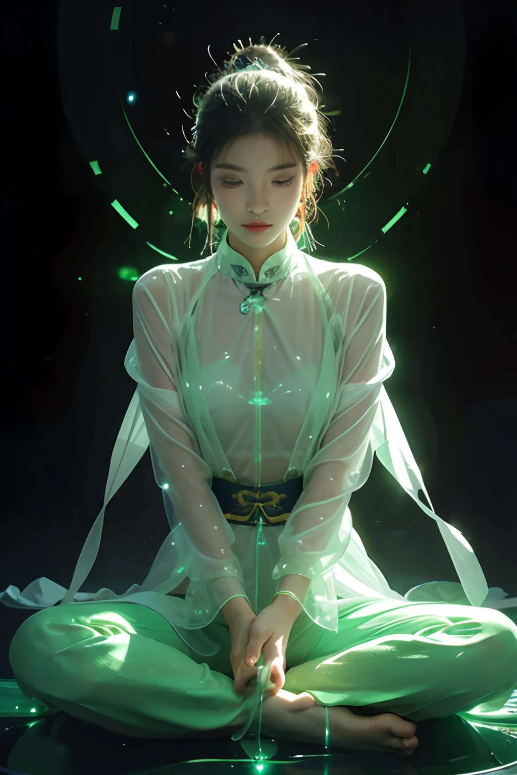 (Obra maestra:1.2),mejor calidad,pixiv,taoísta,(meditación:1.1), solo,una chica sexy ,chinese wuxia，Meditar con las piernas cruzadas， delante de remolinos verdes brillantes, flotar，transparente, Realista