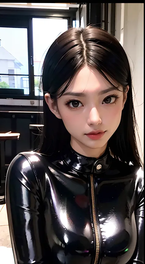 solo, super fine photo, portrait unreal engine 5 8k uhd of beautiful girl in a skin tight black latex outfit, slick black catsui...