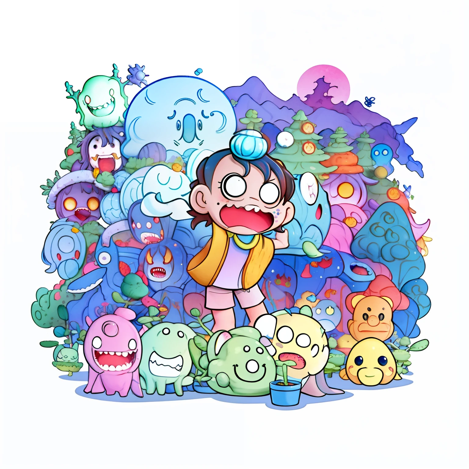 Cartoon illustration of a boy surrounded by monsters and monsters, cute monster character design, cute monster, monster character design, full art illustration, Cute detailed digital art, cute cyber gods, video game fanart, monsters in the background, The art of game development, cute detailed artwork, inspired by Tim Biskup, in rick and morty art style, fantasy sticker illustration, Game art!!