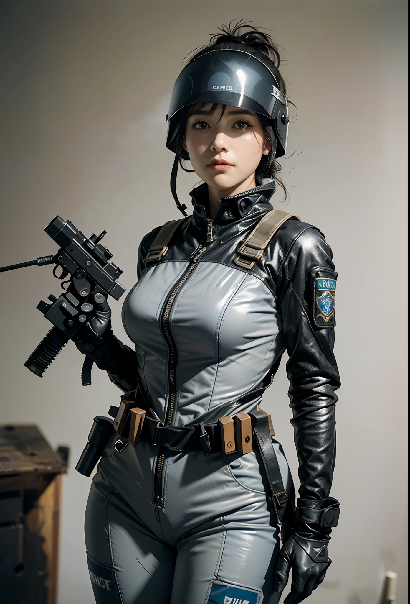Highest image quality, outstanding details, ultra-high resolution, (realism: 1.4), the best illustration, favor details, highly condensed 1girl, with a delicate and beautiful face, ((cowboy shot)), (wearing racing suit likes police uniform, black and gray mecha, wearing a visor, military harness, holding a machinegun or bring a machinegun, "SST"), background simple grey wall,