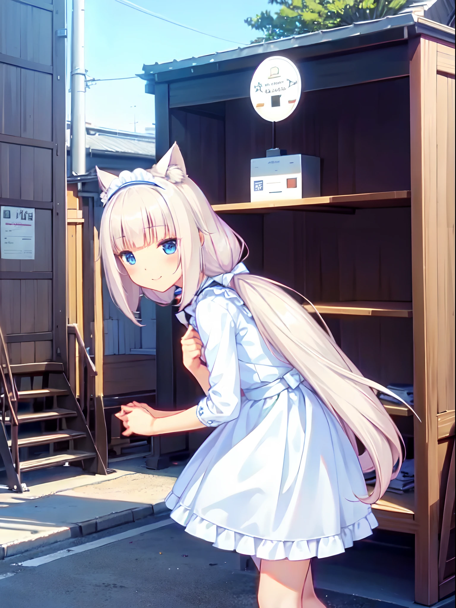 nekopara vanilla, white long low twin tails, blue eyes, vanilla uniform, maid dress, cat ears, cat tail, smiling.