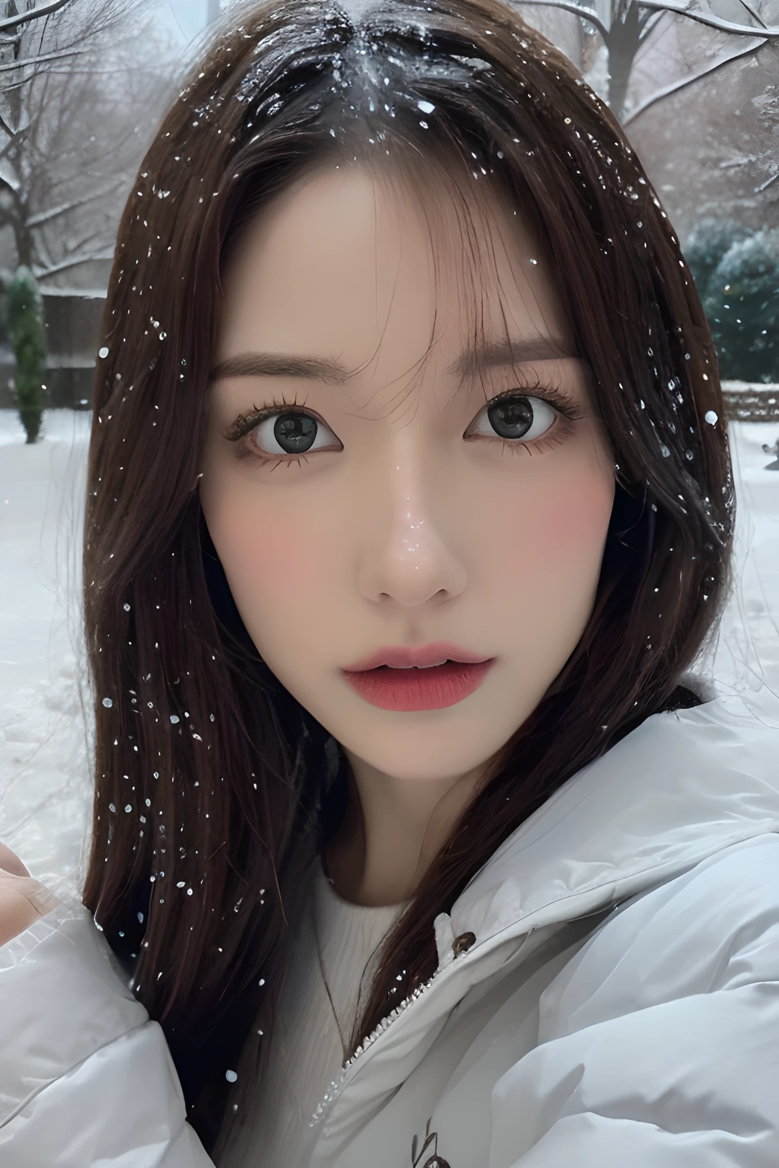 (8k, mejor calidad, Obra maestra, resolución ultra alta:1.2) Foto de una bonita mujer japonesa en el (estilo de paul rubens y rebecca guay:1.1) (melancólica nieve del invierno:1.4)
