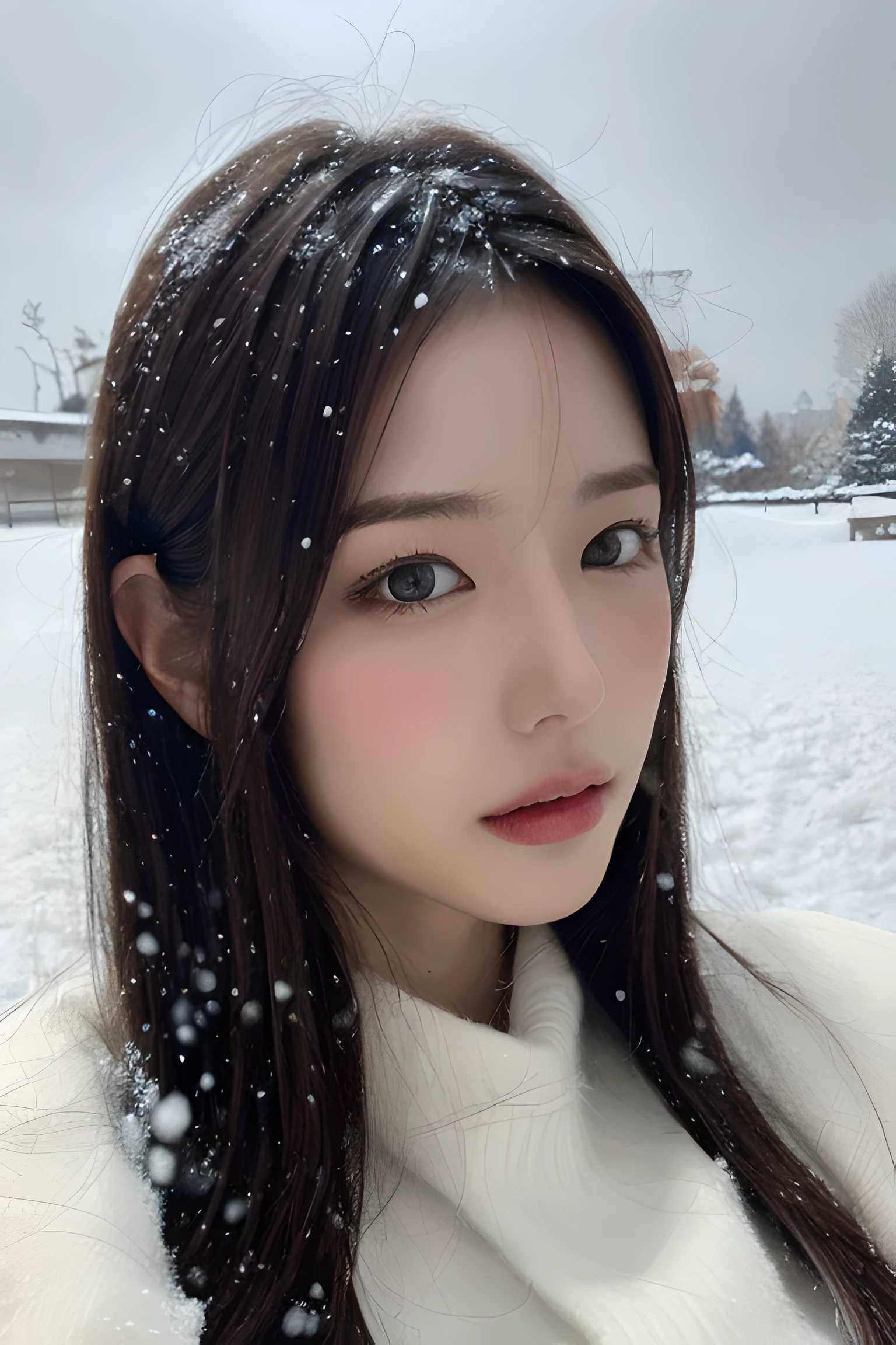 (8k, best quality, masterpiece, ultra highres:1.2) Photo of Pretty Japanese woman
 in the (style of paul rubens and rebecca guay:1.1) (melancholy winter snow:1.4)