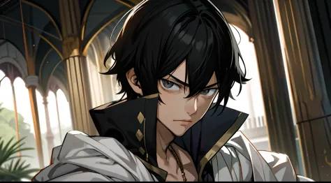 masterpiece, best quality, hiquality, 1boy, 独奏, male focus, looking a viewer, upper-body, zeref, greek clothes, black hair, gray...