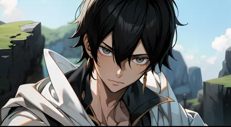 masterpiece, best quality, hiquality, 1boy, 独奏, male focus, looking a viewer, upper-body, zeref, greek clothes, black hair, gray...