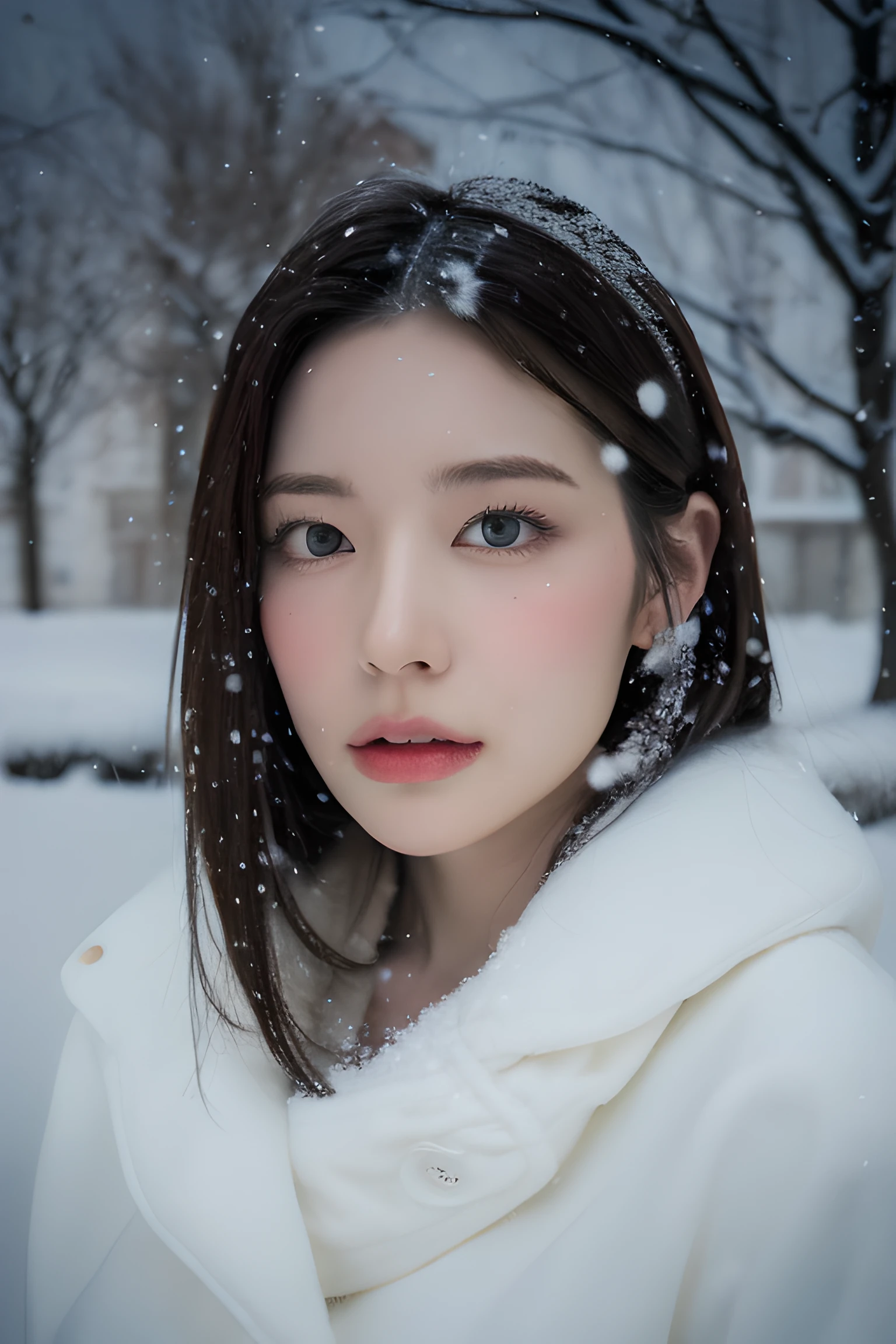 (8К, Лучшее качество, шедевр, сверхвысокое разрешение:1.2) Фотография красивой японки в (стиль Поля Рубенса и Ребекки Гуэй:1.1) (меланхоличный зимний снег:1.4)