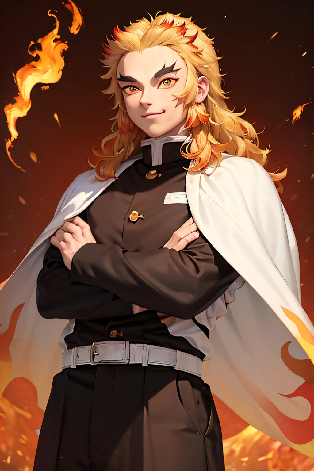 (masterpiece, best quality:1.2), orange theme, cowboy shot, solo, male focus, 1boy, rengoku kyojuro, grin, looking at viewer, crossed arms, long hair, forked eyebrows, demon slayer uniform, black jacket, long sleeves, white cape, black pants, white belt, fire