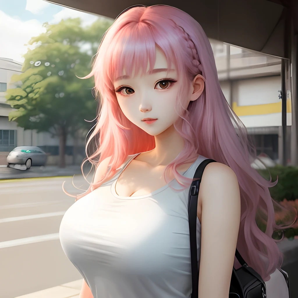 Anime girl with pink hair and a white top standing on a street - SeaArt AI