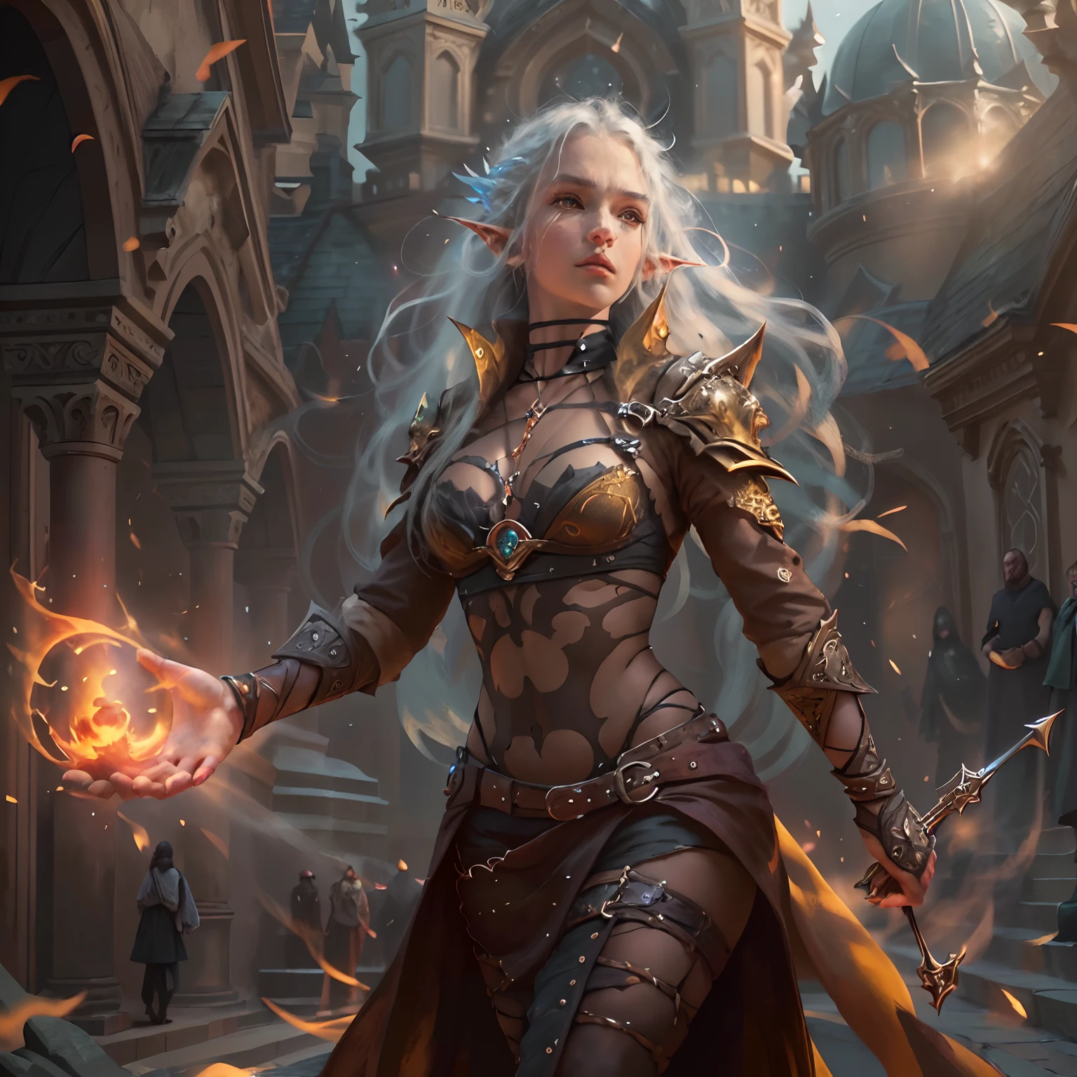 high details, best quality, 8k, [ultra detailed], masterpiece, best quality, (extremely detailed), dynamic angle, ultra wide shot, photorealistic, fantasy art, dnd art, rpg art, realistic art, a wide angle picture of an epic female elf, arcane warrior, warrior of magic, fighter of the arcana, full body, [[anatomically correct]] full body (intricate details, Masterpiece, best quality: 1.6) casting a spell  (intricate details, Masterpiece, best quality: 1.5), casting an epic spell, [colorful magical sigils in the air],[ colorful arcane markings floating]  (intricate details, Masterpiece, best quality: 1.6) holding an [epic magical sword]  (intricate details, Masterpiece, best quality: 1.6) holding epic [magical sword glowing in red light]  (intricate details, Masterpiece, best quality: 1.6). in fantasy urban street ( (intricate details, Masterpiece, best quality: 1.6), a female, beautiful epic female elf, wearing elven leather armor  (intricate details, Masterpiece, best quality: 1.3), high heeled leather boots, ultra detailed face (intricate details, Masterpiece, best quality: 1.3),  thick hair, long hair, dynamic hair, fair skin intense eyes, fantasy city background  (intricate details, Masterpiece, best quality: 1.6), sun light, backlight, depth of field  (intricate details, Masterpiece, best quality: 1.3), high details, best quality, highres, ultra wide angle