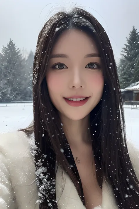 (8k、top-quality、Masterpiece、超A high resolution:1.2) 、(Photo of Pretty Japanese woman in the style of paul rubens and rebecca guay:1.1),(Paul Rubens and Rebecca Guay's style:1.1) 、(Gloomy winter snow:1.4) 、a smile、The upper part of the body