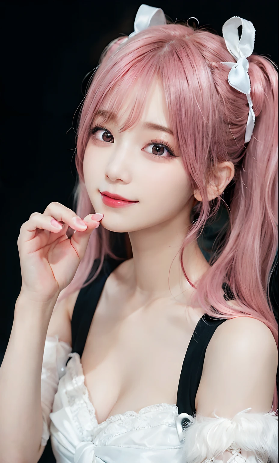 (RAW Photography:1.2)、top-quality、a beautiful detailed girl、Twin tails with pink hair color、a smile、idol、extremely detailed eye and face、beatiful detailed eyes、huge filesize、hight resolution、8k wallpapenely detail、wall-paper、Light on the face、Movie Lighting、1 girl、Idol Pose、(photorealisim:1.4)、illustratio、super detailing、​masterpiece、White fur hair elastic、Fluffy dress with black ribbon on pink