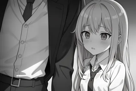 1boy, 1girl, blush, ran in the rain, village, collared_shirt, couple, greyscale, hetero, long_hair, monochrome, necktie, shirt, ...