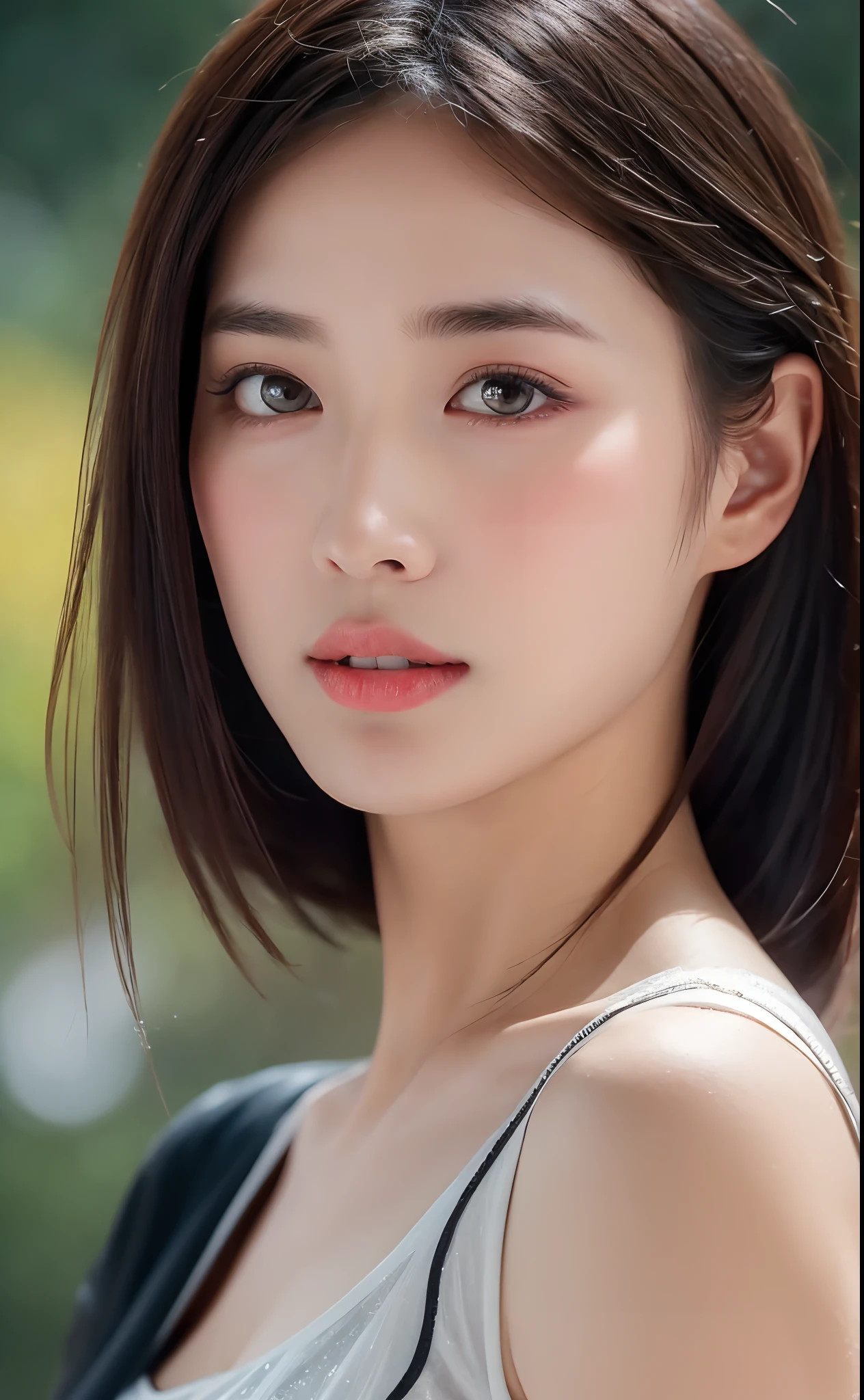 ((Best Quality, 8k, Masterpiece:1.3)), Focus: 1.2, Perfect Body Beauty: 1.4, Buttocks: 1.2, ((Layered Haircut)), (Wet Clothes: 1.1) , (Rain, Street:1.3), (Dress: 1.2), Highly detailed face and skin texture, Fine eyes, Double eyelids, Whitened skin, Long hair, (Shut up: 1.5), Bare shoulders, Shoulder close-up, (Bokeh background: 1.5)