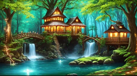 the best quality, masterpieces, beautiful wild and natural fantasy landscapes with glowing lights, clear spring waterfalls, tree...