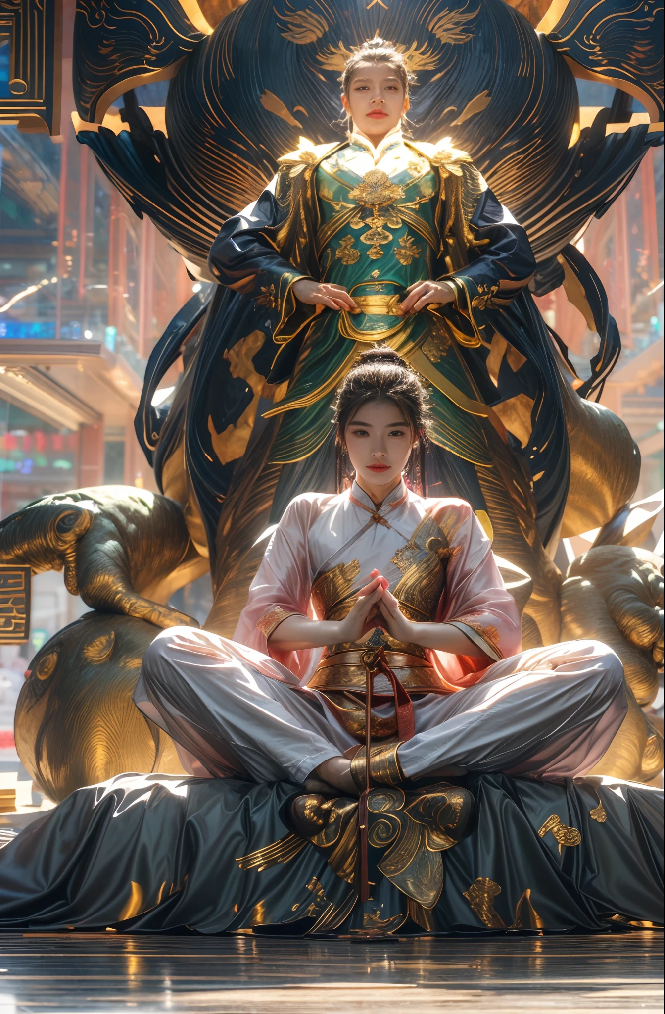 (masterpiece:1.2),best quality,PIXIV,taoist,(meditation:1.1),
solo,a sexy girl ,chinese wuxia，Meditate cross-legged， in front of green glowing eddies, float，transparent, realistic