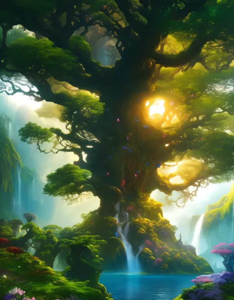 a wide shot of the big tree of souls from avatar, colorful flowers, cascading waterfalls, highly detailed, intricate details, tr...