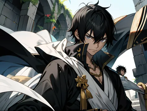 masterpiece, best quality, hiquality, 1boy, 独奏, male focus, looking a viewer, upper-body, zeref, greek clothes, black hair, gray...