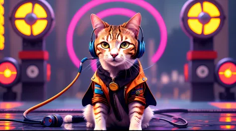 A cat with headphones and a jacket is sitting on a large lily leaf in a fountain. Cyberpunk and post-Soviet modernism  style the...
