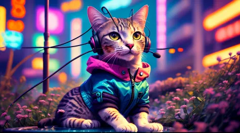 A cat with headphones and a jacket is sitting on a large lily leaf in a fountain. Cyberpunk and post-Soviet modernism  style the...