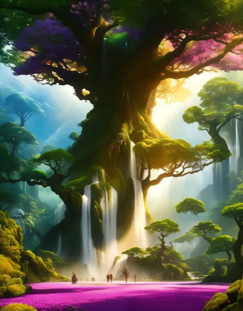 a wide shot of the big tree of souls from avatar, colorful flowers, cascading waterfalls, highly detailed, intricate details, tr...