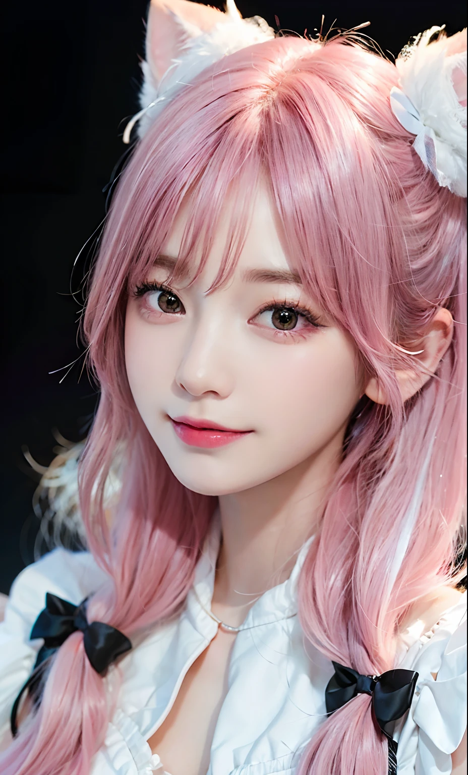 (Raw photography:1.2)、top-quality、a beautiful detailed girl、Pink hair color、Twin-tailed、A smile、idol、extremely detailed eye and face、beatiful detailed eyes、huge filesize、hight resolution、8k wallpapenely detail、wall-paper、Light on the Face、light、16-year-old girl、Idle Pose、(photorealisim:1.4)、illustratio、super detailing、​masterpiece、White fur hair rubber、Fluffy dress with black ribbon on pink