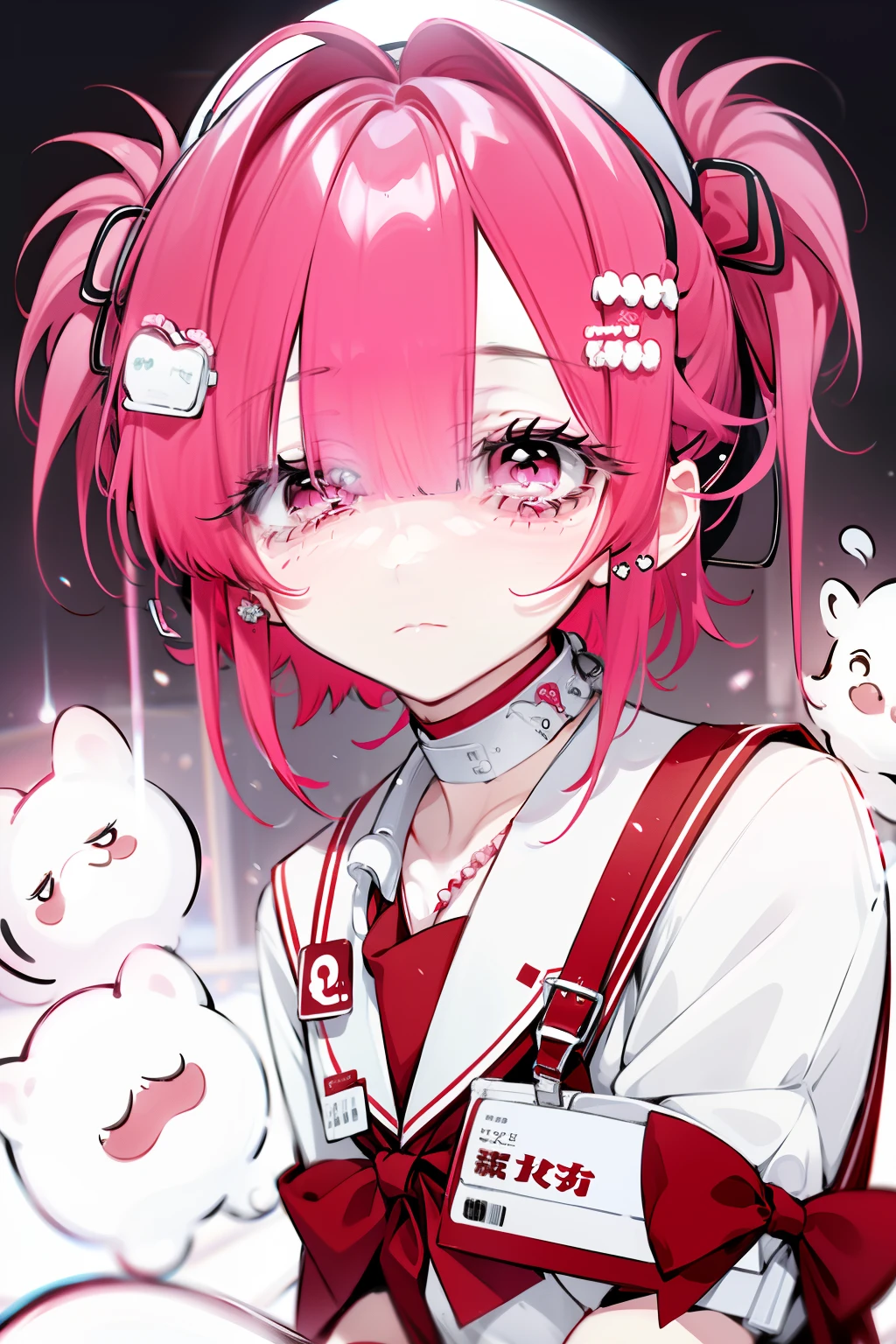 Anime-Mädchen in Krankenschwesteruniform，Ganzkörperesbian，Drei Ansichten，Ein rotes Band hängt um seinen Hals, bester Anime 4k，pinkes Haar, kurzes, detailreiches Haar, Krankenschwester-Outfit,, rein weißer Hintergrund, ausdruckslos, empfindlich,, rosa Augen